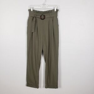 Linen Blend Cropped Paperbag Waist Olive Green Pants Sz M Goblincore Gremlincore